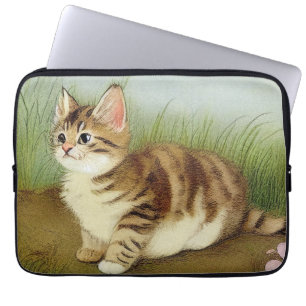 Vintage Kitten Illustration with Flowers Laptop Sleeve