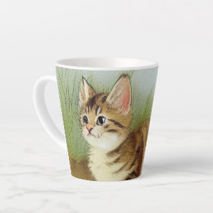 Vintage Kitten Illustration with Flowers Latte Mug
