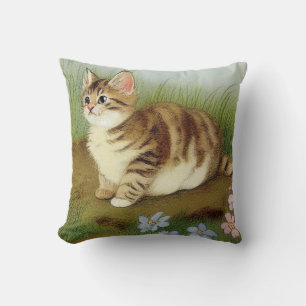Vintage Kitten Illustration with Flowers Throw Pillow