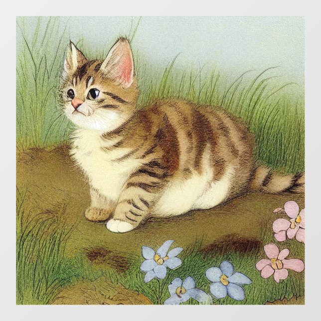 Vintage Kitten Illustration with Flowers Window Cling (Sheet)