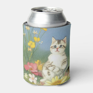 Vintage Kitten Illustration with Yellow Flowers Can Cooler