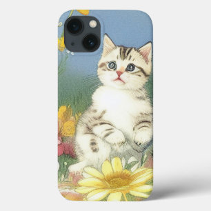 Vintage Kitten Illustration with Yellow Flowers iPhone 13 Case
