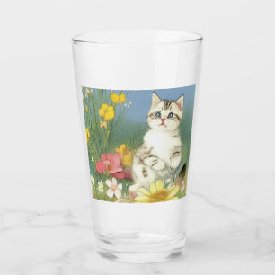 Vintage Kitten Illustration with Yellow Flowers Glass