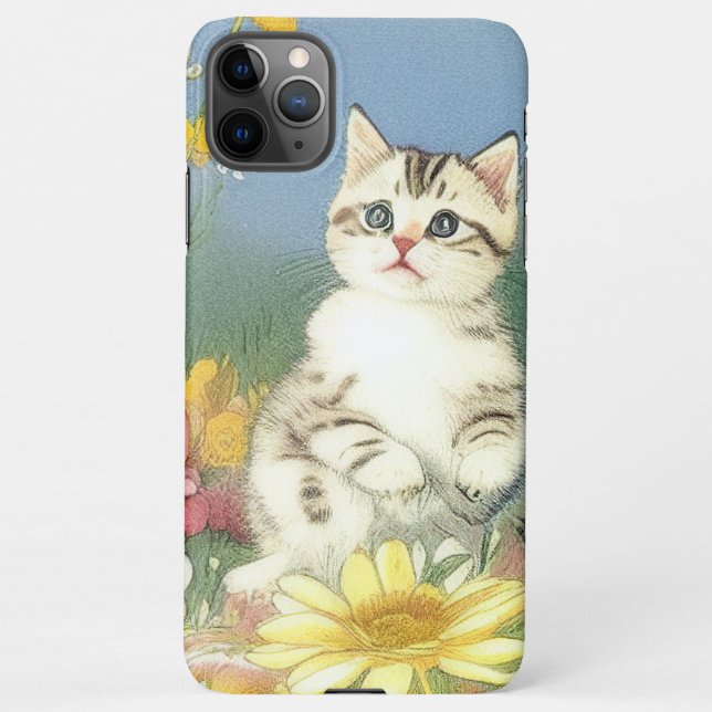 Vintage Kitten Illustration with Yellow Flowers iPhone Case (Back)
