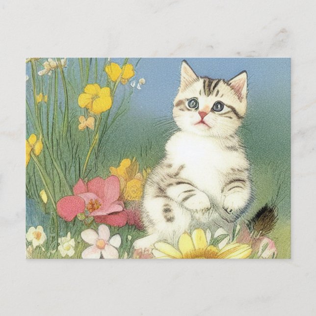Vintage Kitten Illustration with Yellow Flowers Postcard (Front)