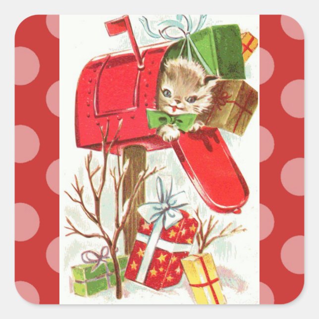 Vintage Kitten in Mailbox Christmas Sticker (Front)