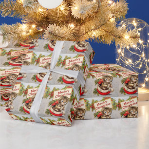 Vintage Kitten in Santa's Cap Meowy Christmas Wrapping Paper