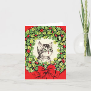 Vintage Kitten in Wreath Christmas Card