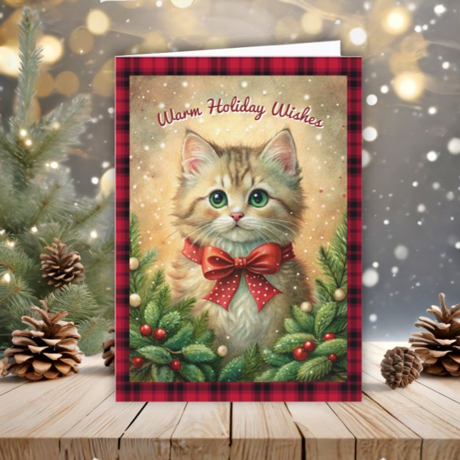 Vintage Kitten Warm Holiday Wishes Buffalo Plaid (Vintage cat and red buffalo plaid folded Christmas greeting card)