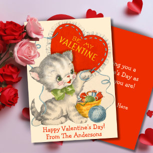 Vintage Kitten With Yarn Custom Retro Valentines Holiday Card