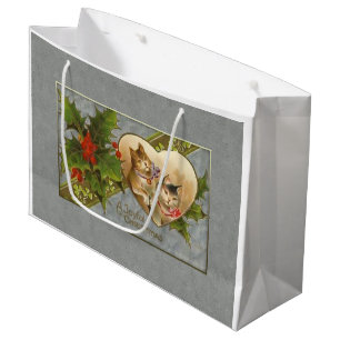 Vintage Kittens and Holly Personalized Large Gift Bag