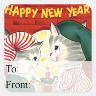 Vintage Kittens Happy New Year Gift Tag