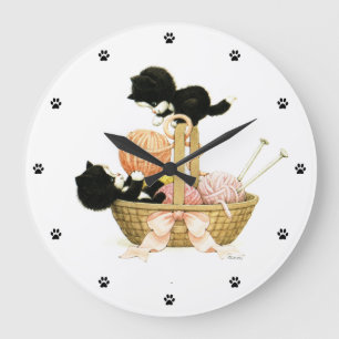 Vintage Kittens in Basket Large Clock