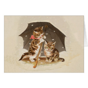 Vintage Kittens Under Umbrella Antique Cat art