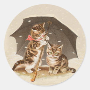 Vintage Kittens Under Umbrella Antique Cat art Classic Round Sticker
