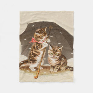 Vintage Kittens Under Umbrella Antique Cat art Fleece Blanket