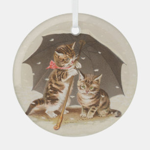 Vintage Kittens Under Umbrella Antique Cat art Glass Ornament