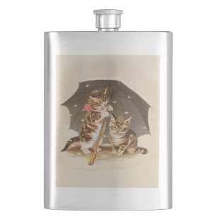 Vintage Kittens Under Umbrella Antique Cat art Hip Flask