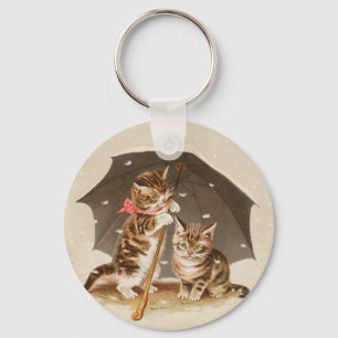 Vintage Kittens Under Umbrella Antique Cat art Keychain