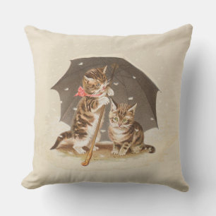 Vintage Kittens Under Umbrella Antique Cat art Outdoor Pillow