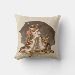 Vintage Kittens Under Umbrella Antique Cat art Throw Pillow