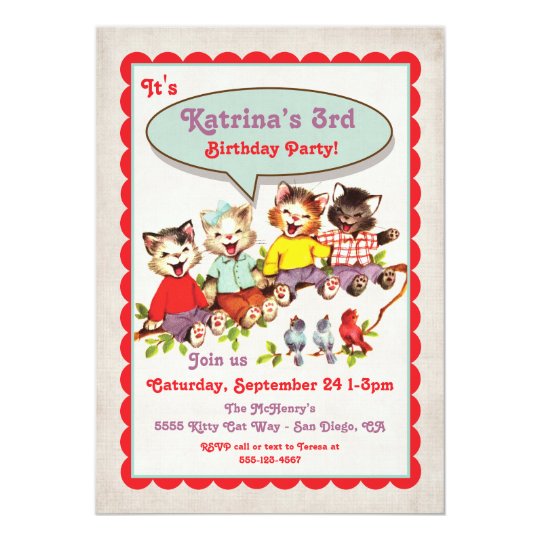 Vintage Kitty Cat Birthday Party Invitation