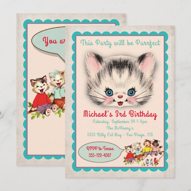 Vintage Kitty Cat Birthday Party Invitation (Front/Back)