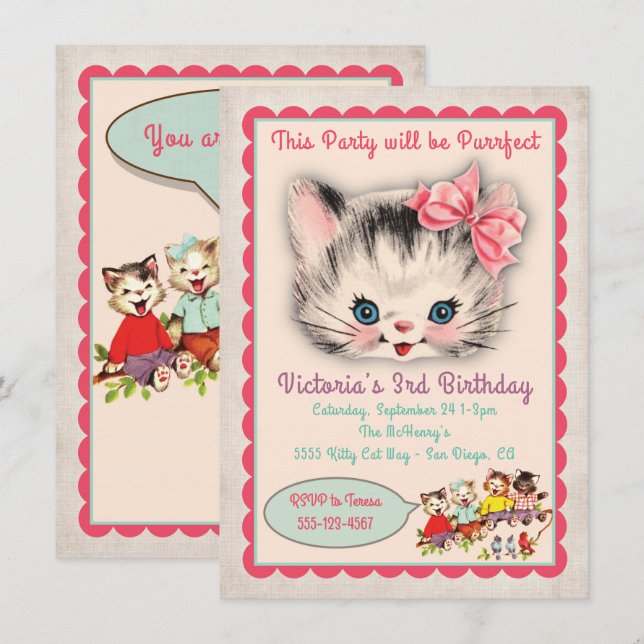 Vintage Kitty Cat Birthday Party Invitation (Front/Back)