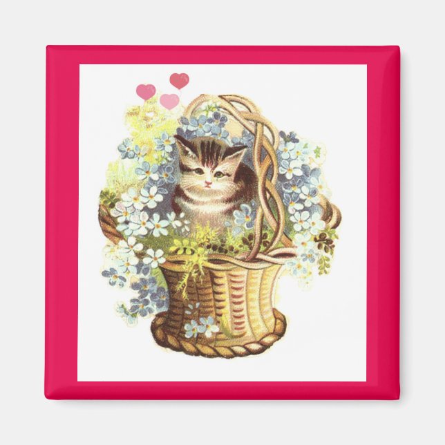 Vintage Kitty In Flower Basket Magnet (Front)