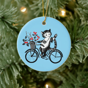 Vintage Kitty Riding A Bicycle Ceramic Ornament