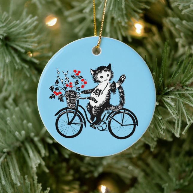 Vintage Kitty Riding A Bicycle Ceramic Ornament (Tree)