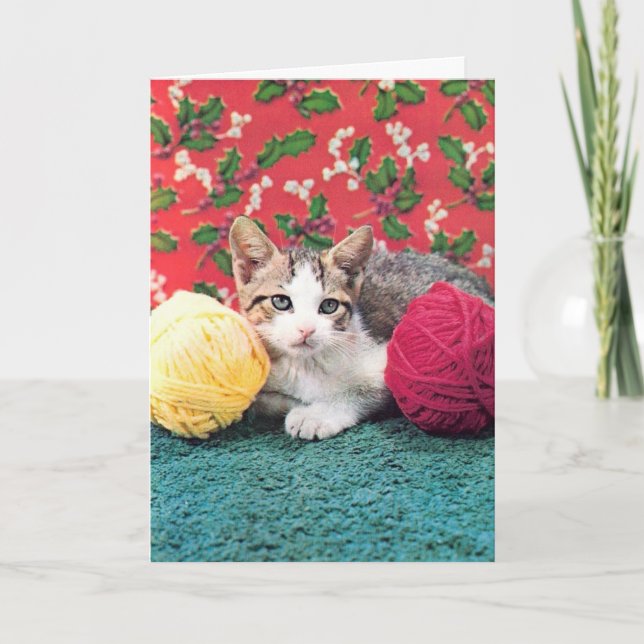 Vintage Kitty With Yarn Christmas Holiday Card (Front)