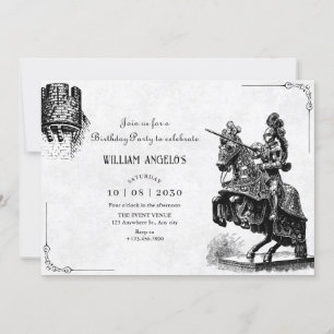 Vintage knight on horseback with sword birthday invitation