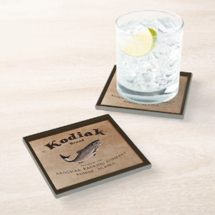 Vintage Kodiak Salmon Label Glass Coaster
