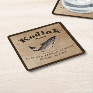 Vintage Kodiak Salmon Label Square Paper Coaster