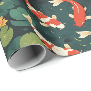 Vintage Koi Fish and Golden Lotus Floral Gift Wrapping Paper