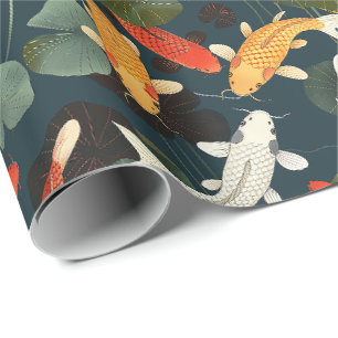 Vintage Koi Fish and Lotus Garden on Deep Blue Wrapping Paper
