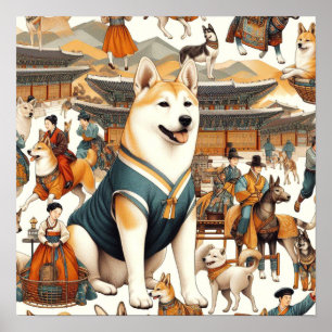 Vintage Korean Jindo Dog Seamless Illlustration Poster