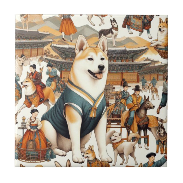 Vintage Korean Jindo Dog Seamless Illlustration Tile (Front)