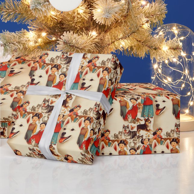 Vintage Korean Jindo Illustration Wrapping Paper (Holidays)