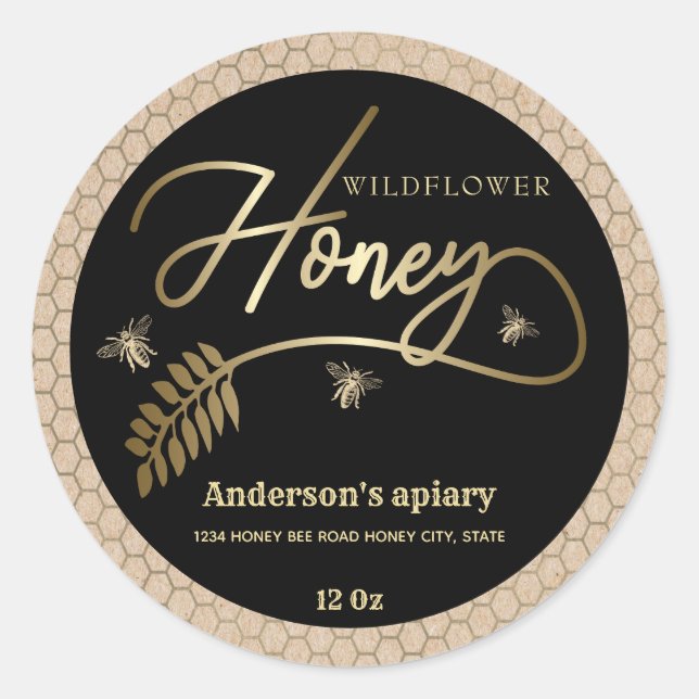 Vintage Kraft gold bee honey branch jar Label (Front)