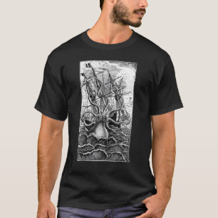 Vintage Kraken Attacking Ship Octopus Monster Silh T-Shirt