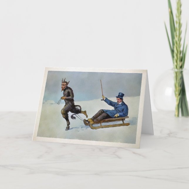 Vintage Krampus Pulling a Sled Holiday Card (Front)
