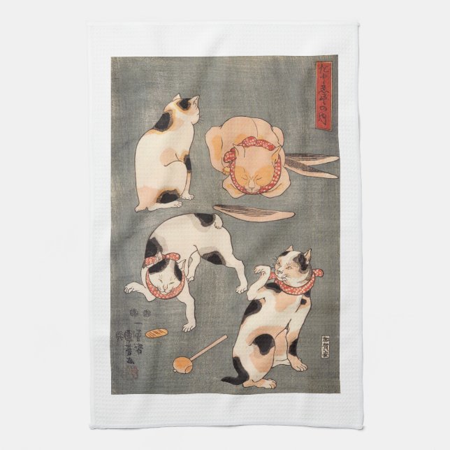 Vintage Kuniyoshi Japanese Art Cat Poses Kitchen Towel (Vertical)