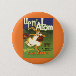 Vintage Label Art Boxing Rabbit, Up n Atom Carrots 2 Inch Round Button