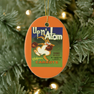 Vintage Label Art Boxing Rabbit, Up n Atom Carrots Ceramic Ornament