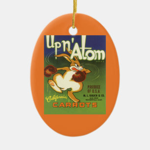Vintage Label Art Boxing Rabbit, Up n Atom Carrots Ceramic Ornament
