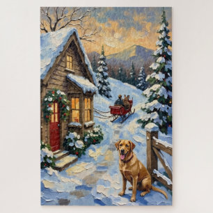 Vintage Labrador Retriever Christmas Cottage Jigsaw Puzzle