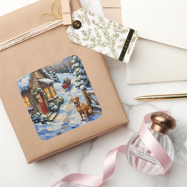 Vintage Labrador Retriever Christmas Cottage Square Sticker (Gifting)