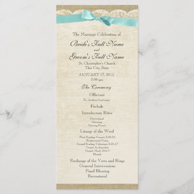 Vintage Lace and Aqua Bow Wedding Program (Front)